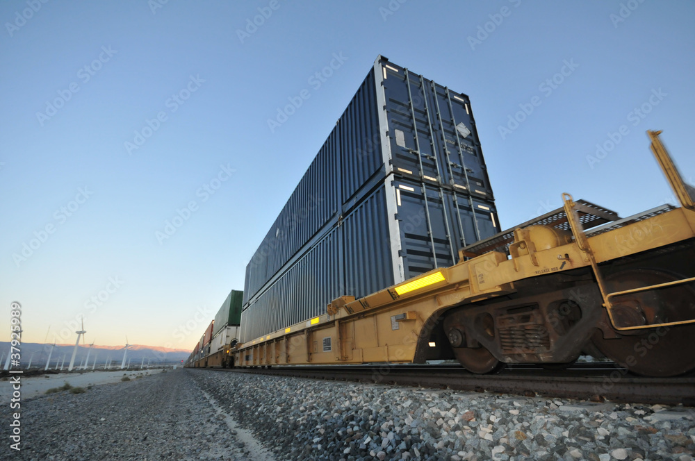 Train with stacked containers rolls by windfarm