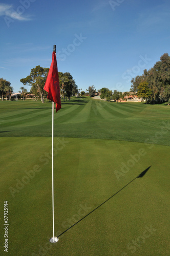 Golf green with pin, flag and fairway