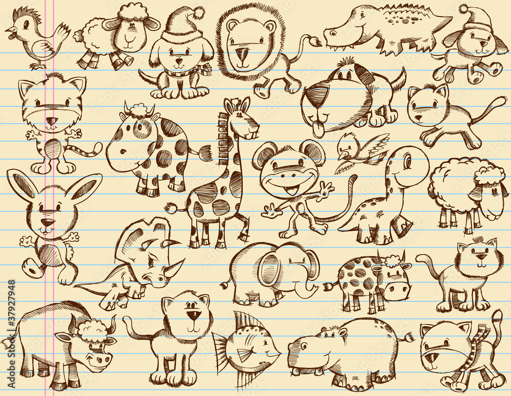 Notebook Doodle Sketch Animals Vector Set