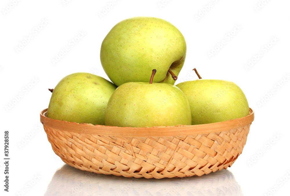 juicy green apples in the basket isolated on white juicy green apples in the basket isolated on white