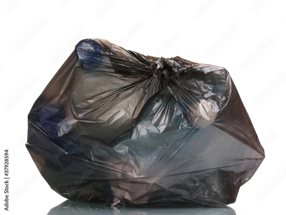 black garbage bag with trash isolated on white