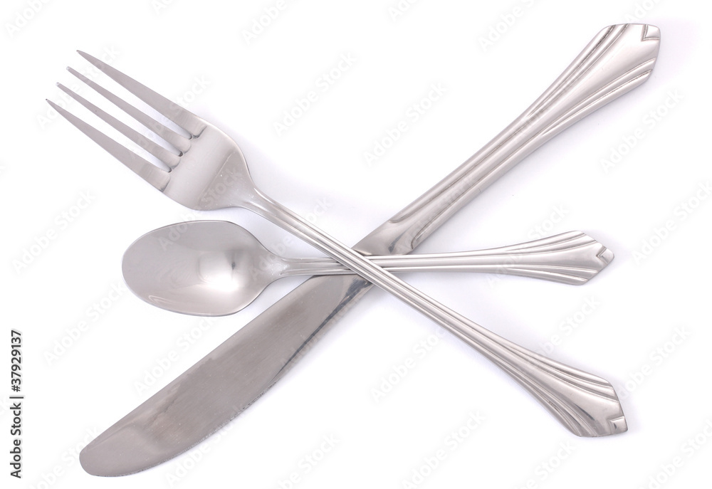 Silver fork and spoon, knife isolated on white