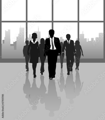 Business people walk city building windows