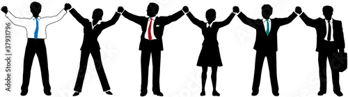 Business people team hold hands up in line