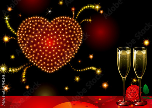 Vector holiday with Champagne Flutes, heart-fireworks