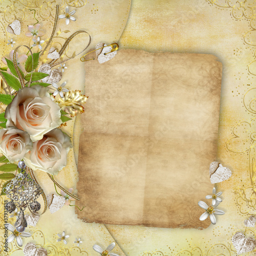 Greeting golden card with beautiful roses, paper hearts, ribbon
