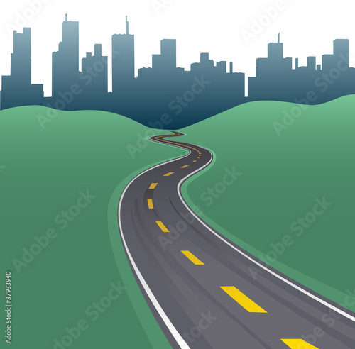 Highway path curve city buildings skyline