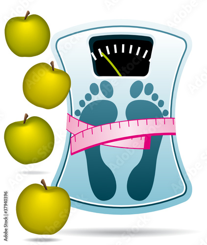 Bathroom scale with apples. Healthy nutrition concept.