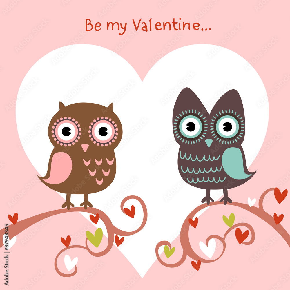 Valentine love card with owls and hearts