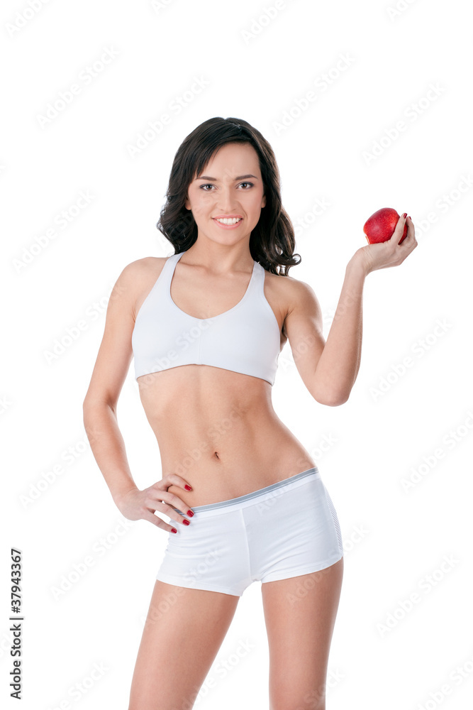 Yound fit girl holding red apple Yound fit girl holding red apple