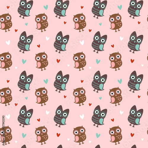 Valentine seamless texture with owls and hearts