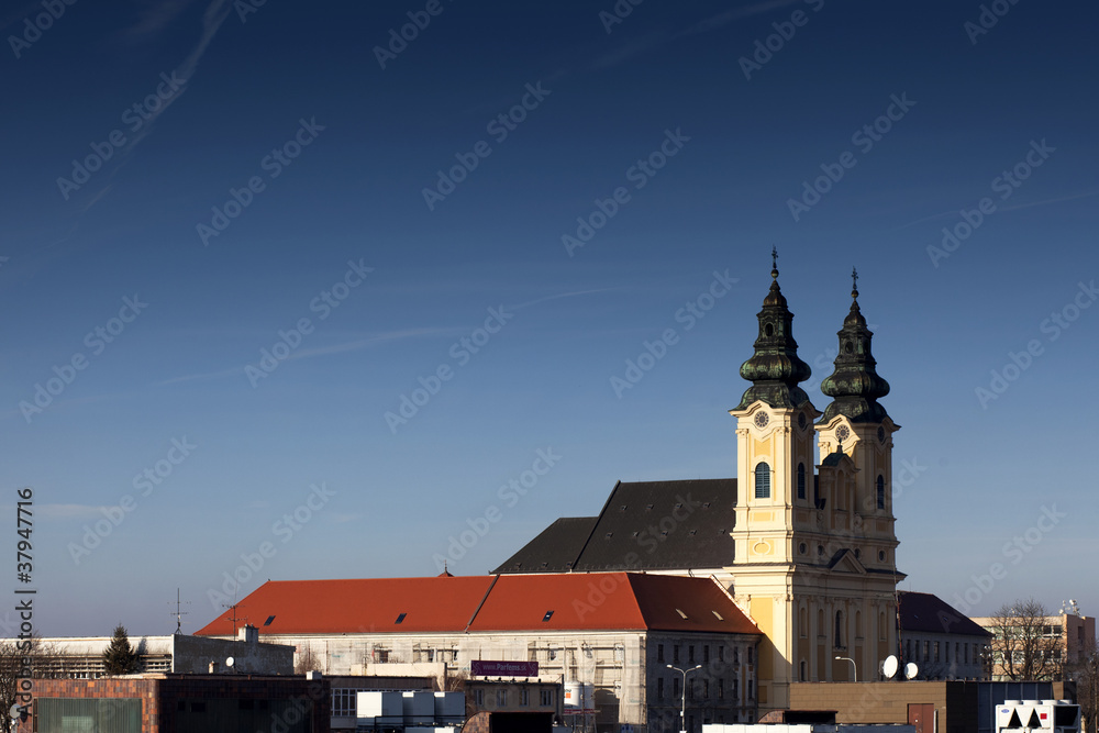Piarist church, Nitra city, Slovakia, sun set cityscape