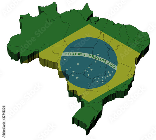 Three dimensional map of Brazil with flag