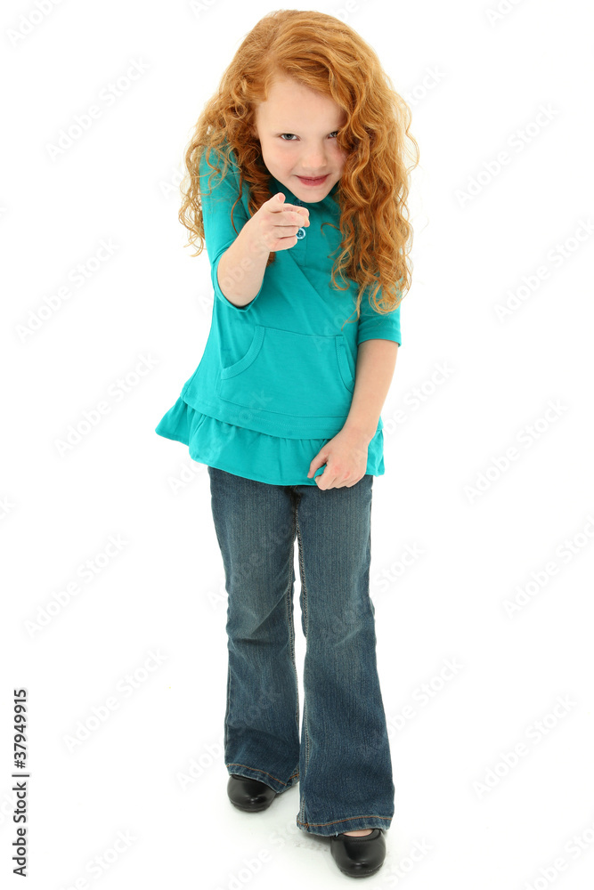 Adorable Preschool Girl Child Pointing Playfully Towards Camera Adorable Preschool Girl Child Pointing Playfully Towards Camera
