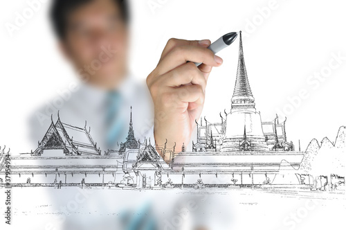 Business man draw Thai temple