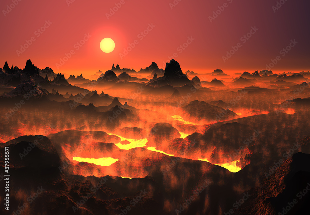 Fototapeta premium Volcanic fantasy landscape with lava fields
