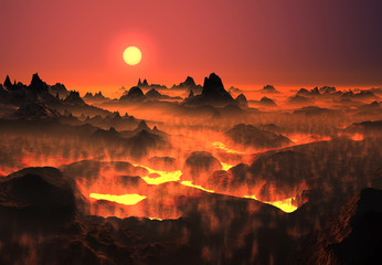 Papier peint photo Corail Volcanic fantasy landscape with lava fields  © diversepixel