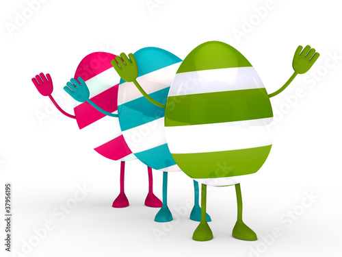 Drei bunte Ostereier winken