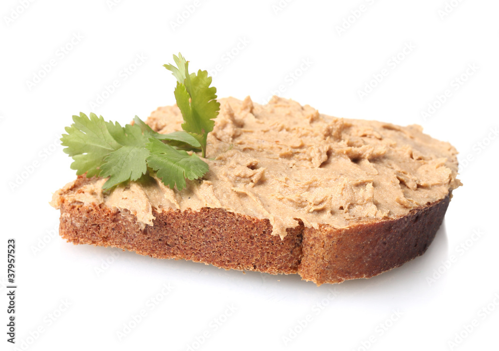 Fresh pate on bread isolated on white