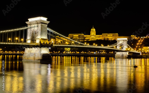 Chain Bridge and Buda Castle at night, Budapest, Hungary