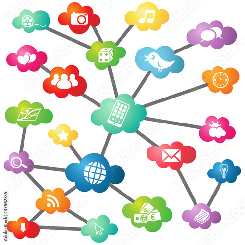 Network, media icons, clouds