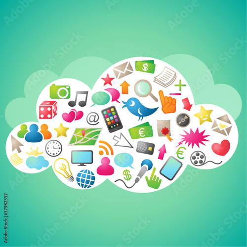 Cloud computing, colorful icons, green background