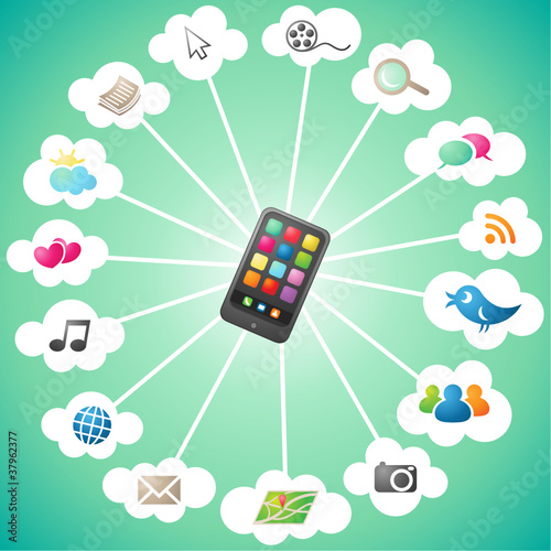 Smartphone, colorful icons, clouds, communication II