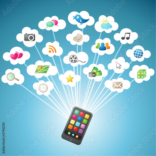 Smartphone, colorful icons, clouds, communication