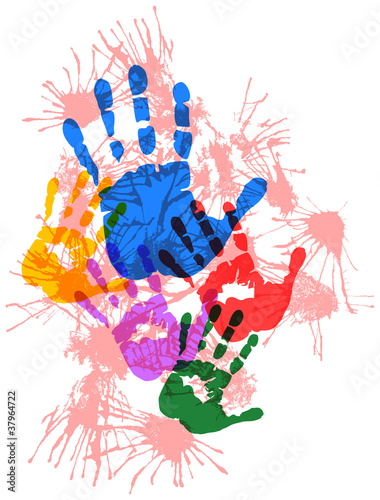 Silhouettes of hands, paint splatters, grungy