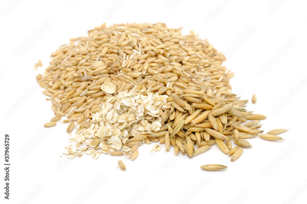 Peeled Oats, Oat Flakes and Unpeeled Oats Isolated on White