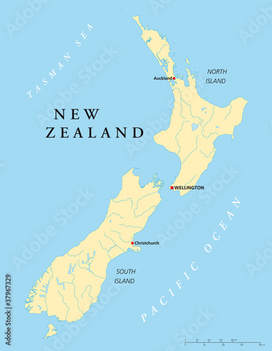 Fotografia New Zealand political map with capital Wellington, national borders, rivers and lakes