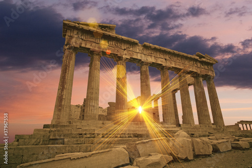 The Parthenon Greek temple at sunset on the acropolis photo