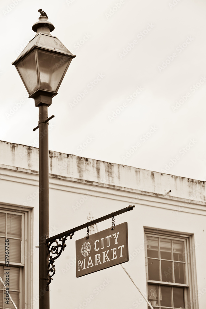 City Market sign on lamppost in Historic District of Savannah City Market sign on lamppost in Historic District of Savannah