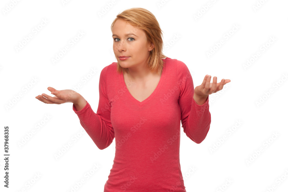 Uncertain young woman in pink sweather isolated on white backgro Uncertain young woman in pink sweather isolated on white backgro