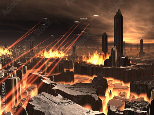 Fototapeta Naklejka Na Ścianę i Meble -  Alien UFO Invasion of Futuristic City