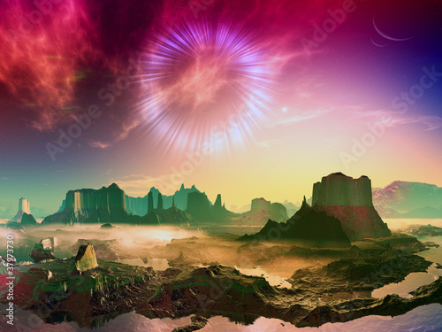 Fototapeta Naklejka Na Ścianę i Meble -  Wormhole over Alien Planet Landscape