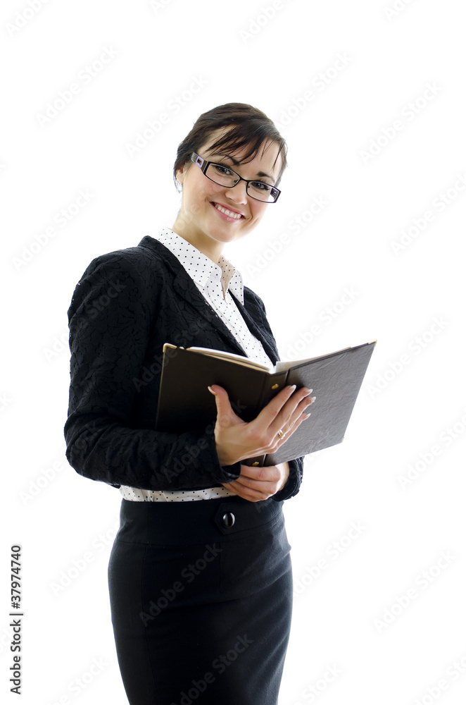 business woman in glasses and notepad, isolated on white business woman in glasses and notepad, isolated on white