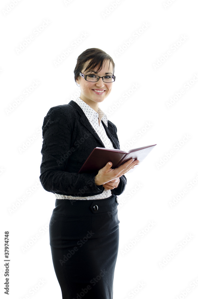 business woman in glasses and notepad, isolated on white business woman in glasses and notepad, isolated on white