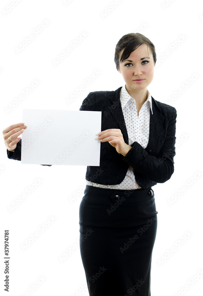 woman with Business card or white sign, isolated woman with Business card or white sign, isolated