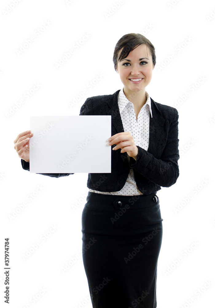 woman with Business card or white sign, isolated