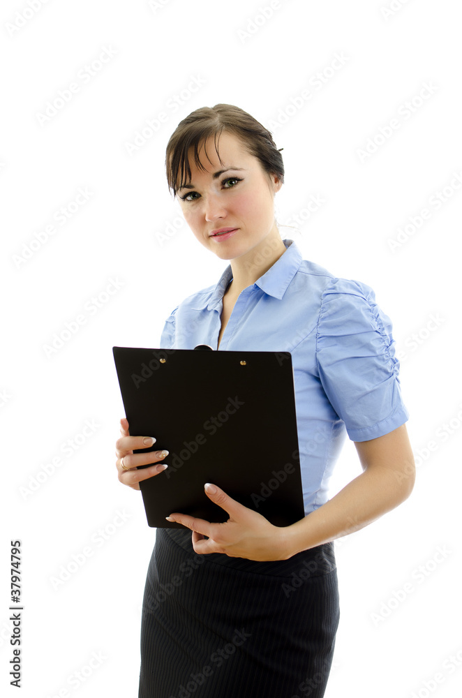Business woman holding notepad, isolated on white Business woman holding notepad, isolated on white