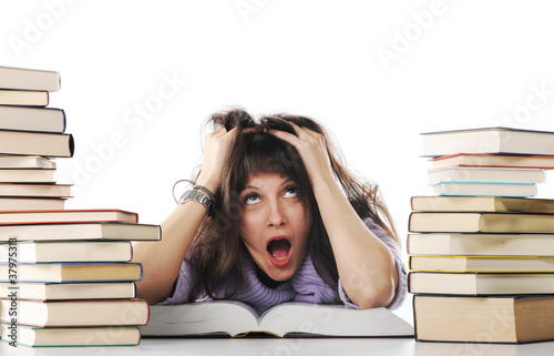 Stressed out girl with a big stack of books, similar pictures on