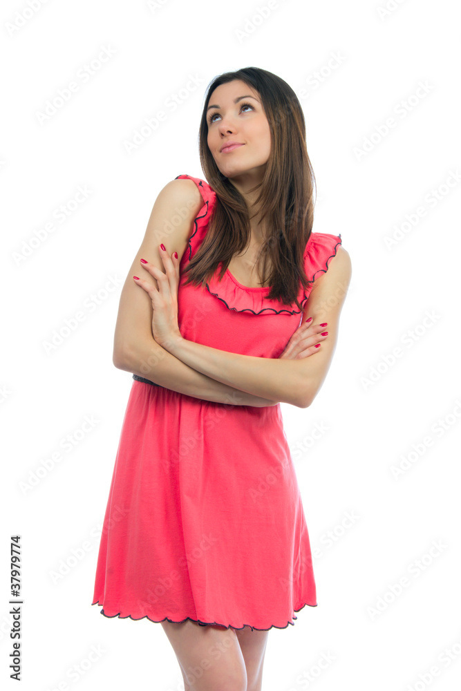 Portrait of young  pretty woman in modern red dress