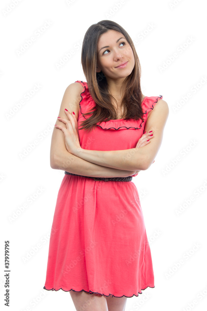 young trendy woman in modern red dress smiling young trendy woman in modern red dress smiling