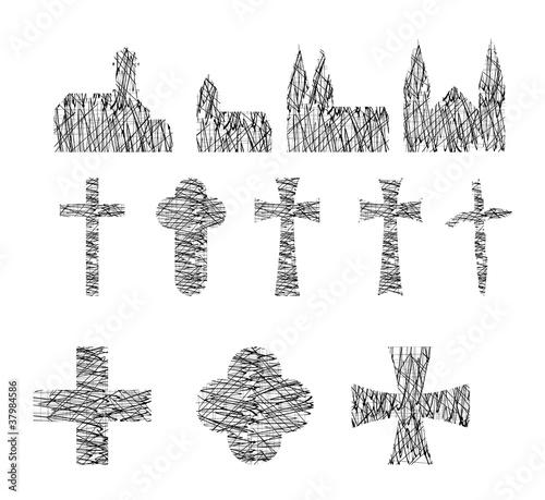 Kirchen und Kreuze schraffiert