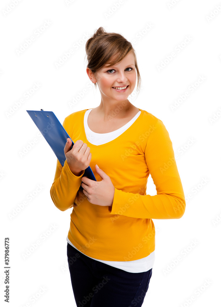 Woman holding notepad isolated on white background Woman holding notepad isolated on white background
