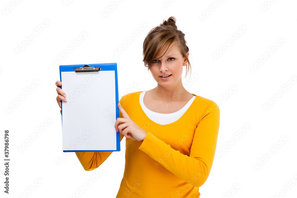 Woman holding notepad isolated on white background Woman holding notepad isolated on white background