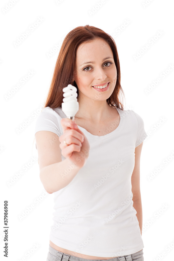 Young woman with energy efficient  lightbulb.