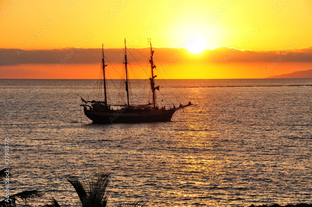 Fascinating sunset and the piracy ship