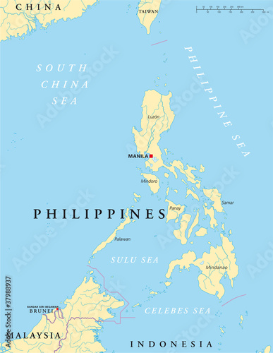 Philippines political map with capital Manila, national borders, rivers and lakes. English labeling and scaling. Illustration. Vector. photo